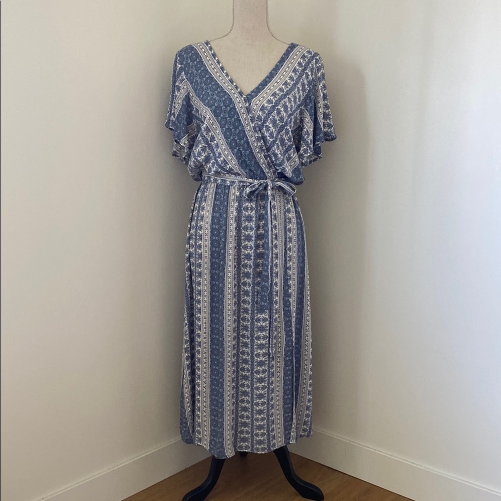 Boho style Blue and White Patterned faux Wrap Dress